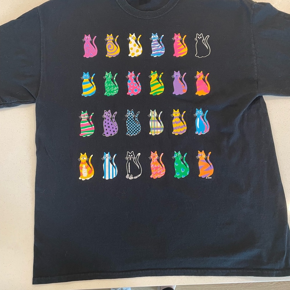Colorful Cat Print Black Tee